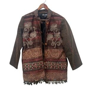 Charisma Women Brown Tapestry Embroidered Beaded Quilted Boho Jacket S Hippie